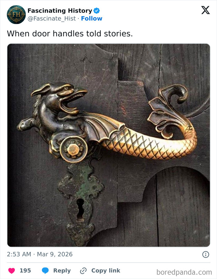 Ornate dragon-shaped door handle in bronze showcasing interesting historical treasures of advanced past craftsmanship.