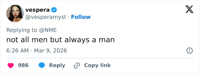 Tweet from user vesperamyst responding to NME with the quote not all men but always a man after Jack White backlash.