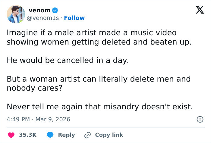 Tweet discussing controversy over Sabrina Carpenter's music videos and a disturbing pattern noticed by fans.