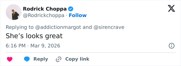 Tweet by Rodrick Choppa praising Margot Robbie&rsquo;s look, related to Hollywood and Paris Fashion Week reactions.