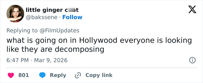 Screenshot of a tweet mentioning what is going on in Hollywood with a critical comment on appearances.