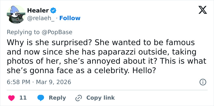 Tweet discussing a celebrity annoyed by paparazzi, highlighting challenges of fame and media attention.