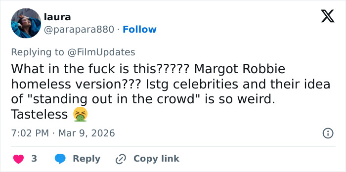 Tweet criticizing Margot Robbie&rsquo;s Paris Fashion Week appearance, sparking mixed reactions about Hollywood celebrity fashion choices.