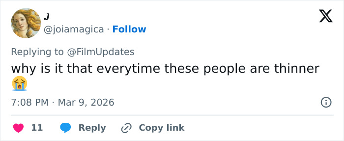 Social media user commenting on body image issues sparked by Hollywood and Margot Robbie&rsquo;s Paris Fashion Week appearance.