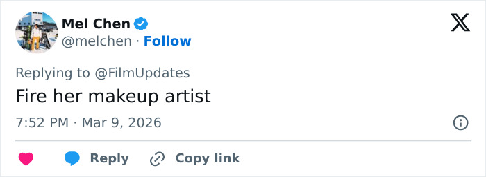 User comment on social media expressing opinion on makeup, relating to Hollywood reactions to Margot Robbie&rsquo;s fashion event.