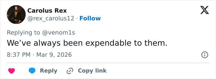Tweet from Carolus Rex replying to user @venom1s stating We&rsquo;ve always been expendable to them, related to Sabrina Carpenter disturbing pattern in music videos.