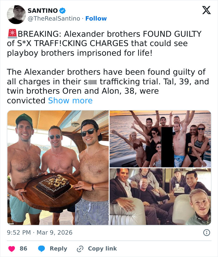 Three shirtless men holding a cake, group photos on a boat and inside a private jet, infamous luxury real estate brothers human trafficking.