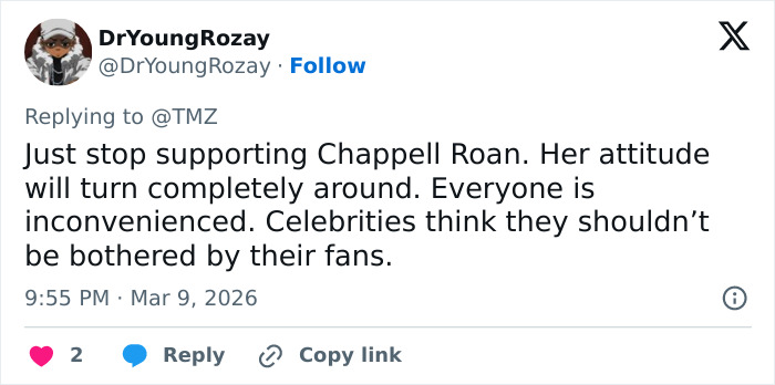 Tweet criticizing Chappell Roan's paparazzi tactic, sparking viral debate on celebrity privacy, gender, and public attitude.