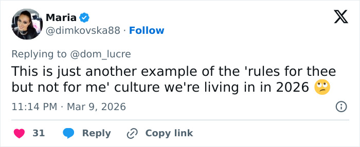 Tweet by user Maria discussing cultural hypocrisy in 2026, referencing a popular social media conversation about Sabrina Carpenter music videos.