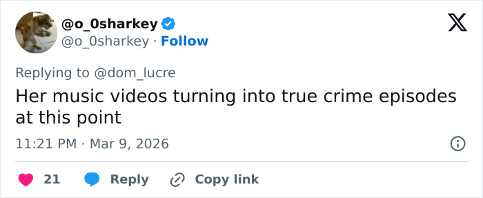 Tweet from user @o_0sharkey commenting on Sabrina Carpenter&rsquo;s disturbing pattern in her music videos, comparing them to true crime episodes.