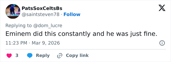 Tweet screenshot showing user PatsSoxCeltsBs replying to @dom_lucre, discussing Eminem and mentioning Sabrina Carpenter music videos controversy.