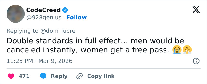Tweet screenshot discussing double standards related to Sabrina Carpenter and a disturbing pattern in her music videos.