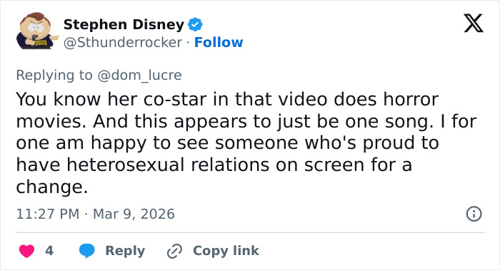 Screenshot of a tweet discussing Sabrina Carpenter under fire after fans notice a disturbing pattern in her music videos.