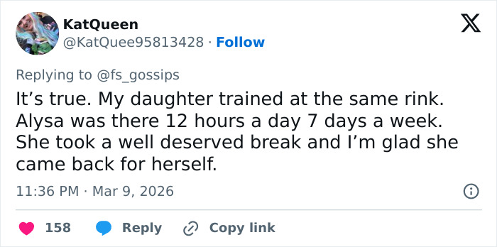 Tweet discussing Alysa Liu&rsquo;s childhood training schedule and her withdrawal from World Championships.