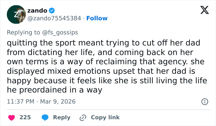 Tweet discussing Alysa Liu&rsquo;s childhood struggles and emotions amid withdrawal from World Championships.