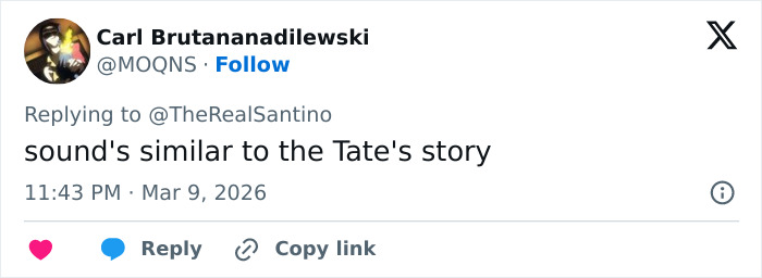 Tweet by user Carl Brutananadilewski referencing the infamous luxury real estate brothers and human trafficking case discussion.