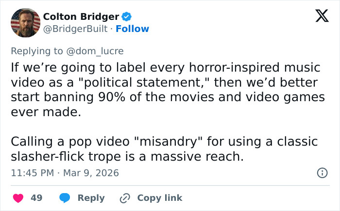 Screenshot of a tweet discussing controversy around Sabrina Carpenter and patterns in her music videos.