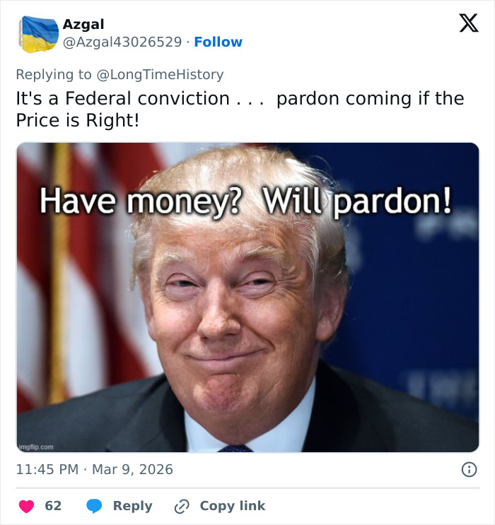 Image of a smirking man with caption about pardons, related to infamous luxury real estate brothers in trafficking case.