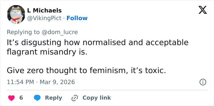 Screenshot of a tweet criticizing normalized misandry and toxic views on feminism in a social media reply.