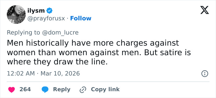 Screenshot of a tweet discussing satire with 264 likes, relating to Sabrina Carpenter music videos pattern controversy.