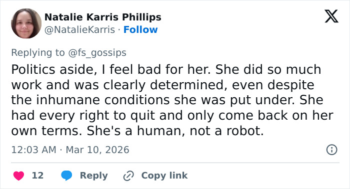 Tweet by Natalie Karris Phillips discussing Alysa Liu's childhood and withdrawal from World Championships with empathy.