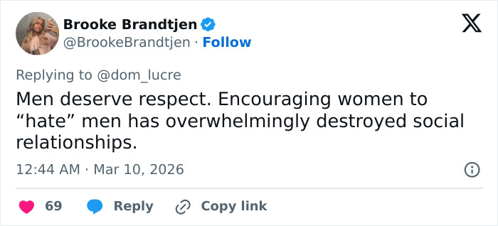 Tweet by Brooke Brandtjen addressing respect and social issues, linked to Sabrina Carpenter disturbing pattern in music videos.