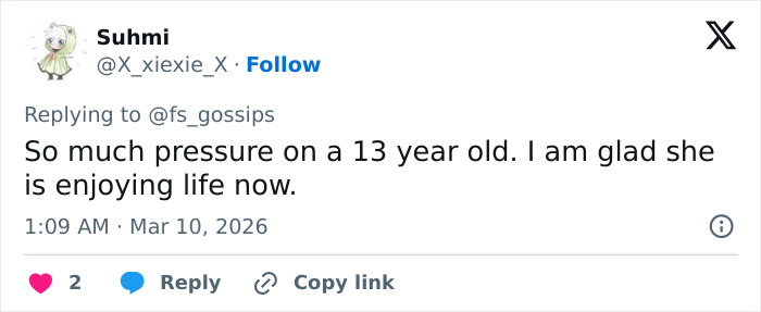 User tweet about Alysa Liu dealing with childhood pressure and enjoying life amid World Championships withdrawal.