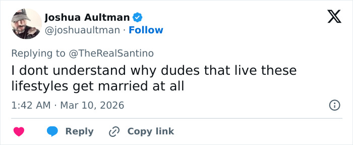 Screenshot of a tweet by Joshua Aultman discussing marriage choices, related to infamous luxury real estate brothers in human trafficking case.
