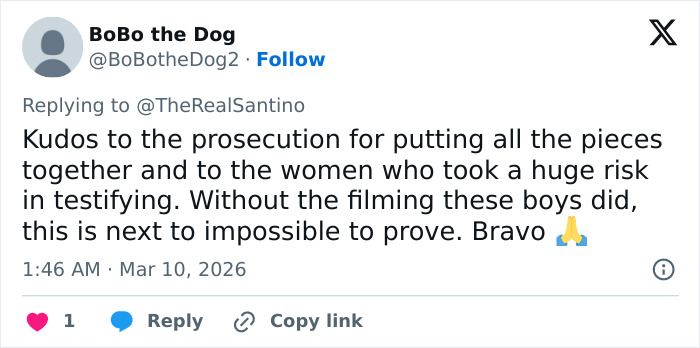 Tweet praising prosecution and women testifying in infamous luxury real estate brothers human trafficking case.
