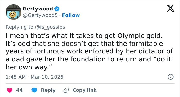 Tweet discussing Alysa Liu&rsquo;s childhood struggles and withdrawal from World Championships with a focus on dedication.