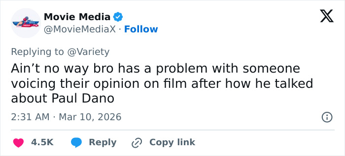 Tweet screenshot from Movie Media discussing Quentin Tarantino&rsquo;s response to Rosanna Arquette in a film opinion debate.