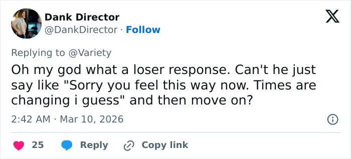 Tweet criticizing Quentin Tarantino&rsquo;s scathing response to Rosanna Arquette, sparking fans to take sides.