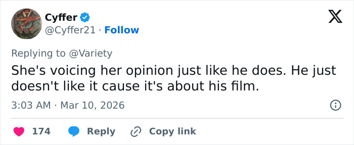 Screenshot of a tweet debating Quentin Tarantino's scathing response to Rosanna Arquette about his film controversy.