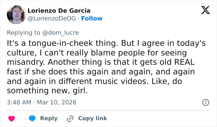 Twitter user discussing Sabrina Carpenter under fire as fans notice a disturbing pattern in her music videos.