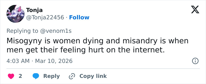 Tweet by user Tonja discussing misogyny and misandry definitions in a social media conversation about online feelings.