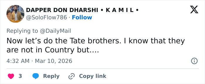 Tweet by user DAPPER DON DHARSHI discussing Tate brothers in relation to human trafficking case and their fate after testimonies.