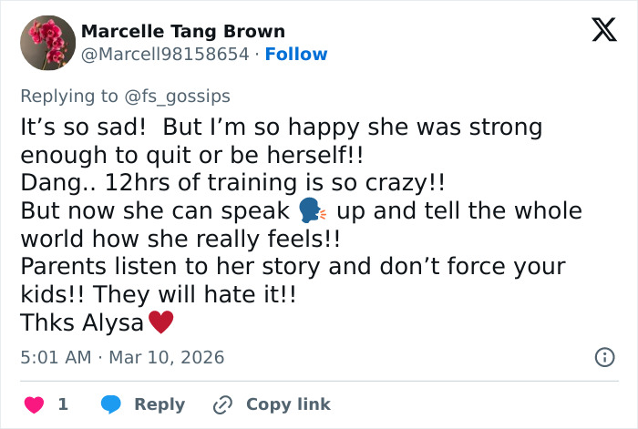 User comment on social media praising Alysa Liu for her strength in speaking out about her childhood and World Championships withdrawal.