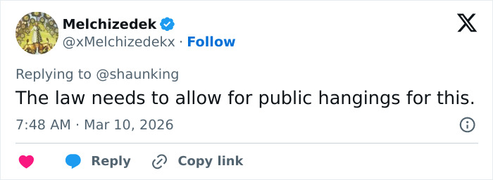 Screenshot of a social media post expressing a call for public hangings related to infamous luxury real estate brothers in human trafficking case.