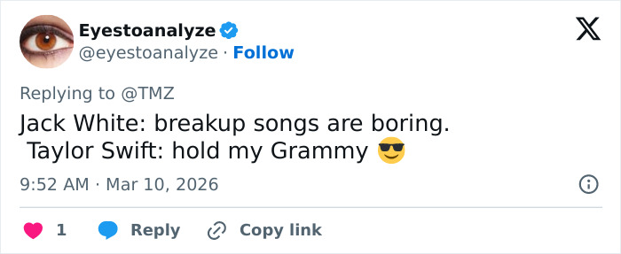 Screenshot of a Twitter post referencing Jack White and Taylor Swift with a humorous comment about breakup songs.
