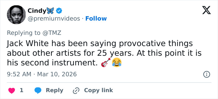 Tweet screenshot showing a comment about White Stripes vocalist Jack White&rsquo;s history of provocative statements toward other artists.