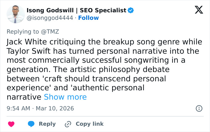 Jack White responds to backlash after Taylor Swift jab, sparking debate on songwriting and personal narrative.