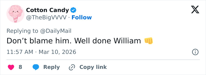 Screenshot of a tweet praising Prince William with a clenched fist emoji in response to royal family tensions.