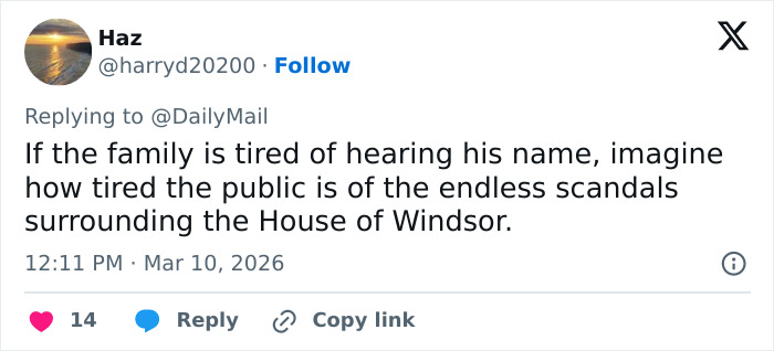Tweet discussing public fatigue over scandals surrounding the House of Windsor after Prince William&rsquo;s tense family gathering.
