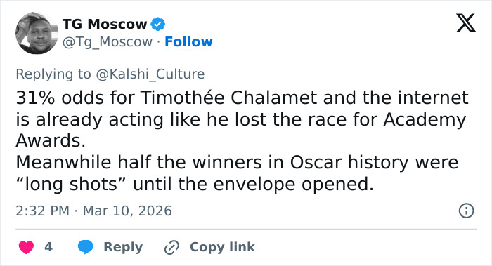 Tweet from user TG Moscow discussing Timoth&eacute;e Chalamet's alleged arrogant streak affecting his Oscar chances.