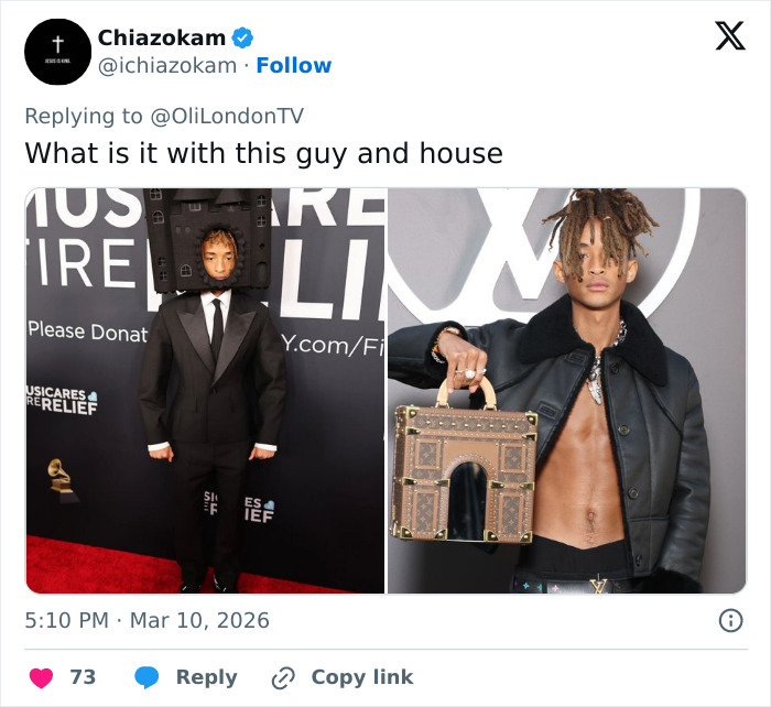 Jaden Smith posing with unique bags, sparking reactions online about his house bag style and fashion choices.