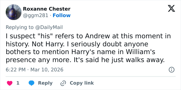 Screenshot of a tweet discussing Prince William&rsquo;s tense words at the largest royal gathering since Andrew&rsquo;s arrest.