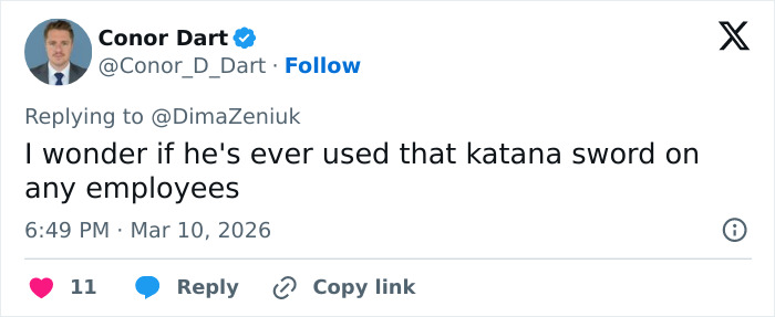 Tweet from Conor Dart joking about Elon Musk's katana sword and employees, highlighting odd details in Musk's house.