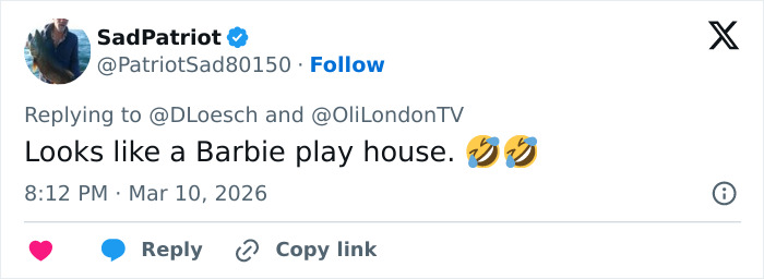 Screenshot of a Twitter reply criticizing Jaden Smith&rsquo;s house tour with laughing emojis, mentioning Barbie play house.