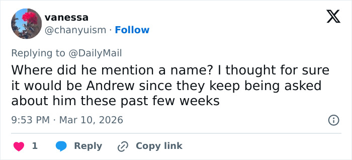 Screenshot of a tweet discussing Prince William&rsquo;s tense words to family in the largest royal gathering since Andrew&rsquo;s arrest.