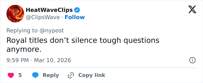 Tweet from HeatWaveClips discussing royal titles and tough questions amid royal family tension revealed by lip reader.